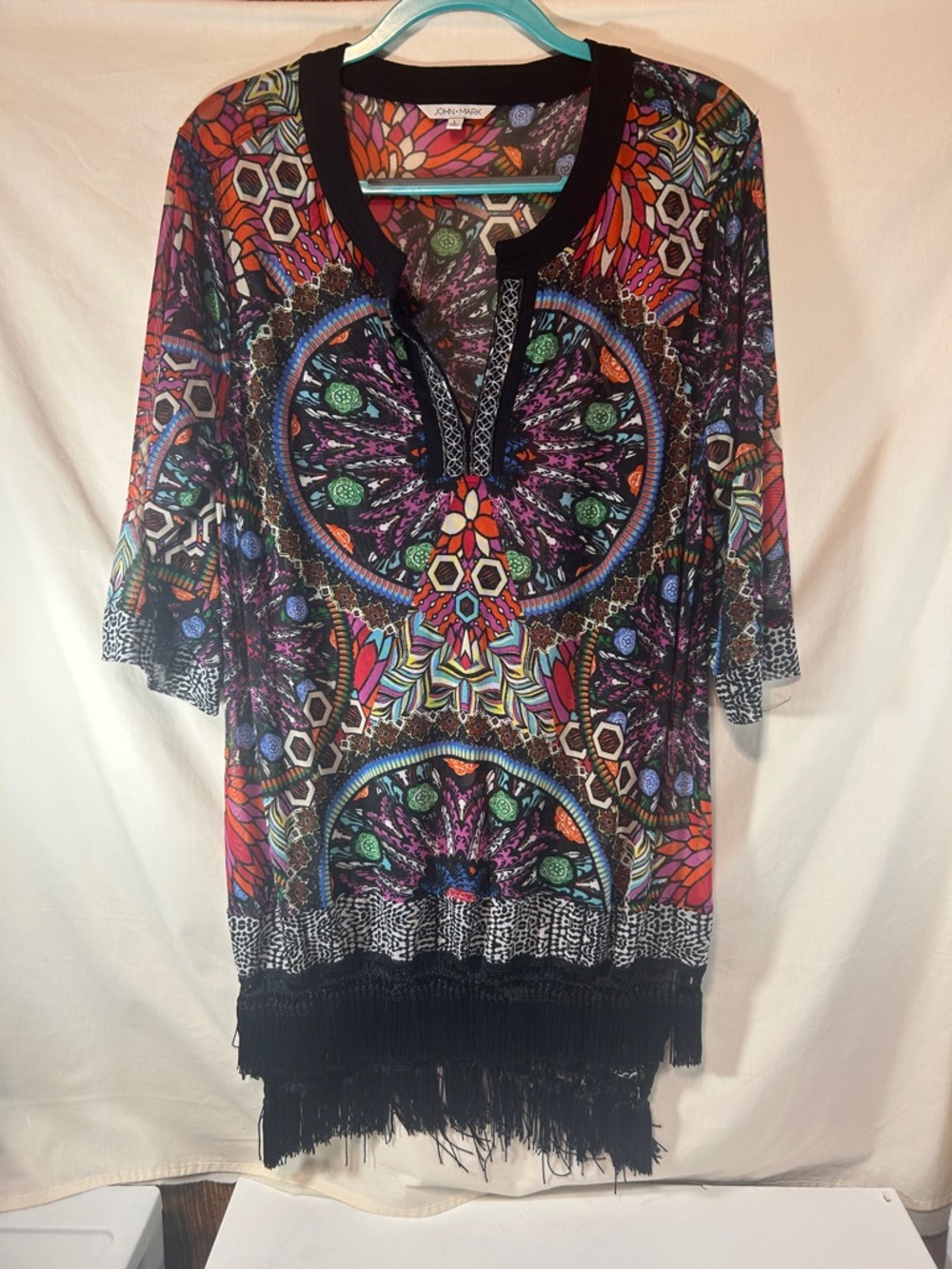 John Mark Woman’s Multicolor Boho Fringe Tunic with Black Trim